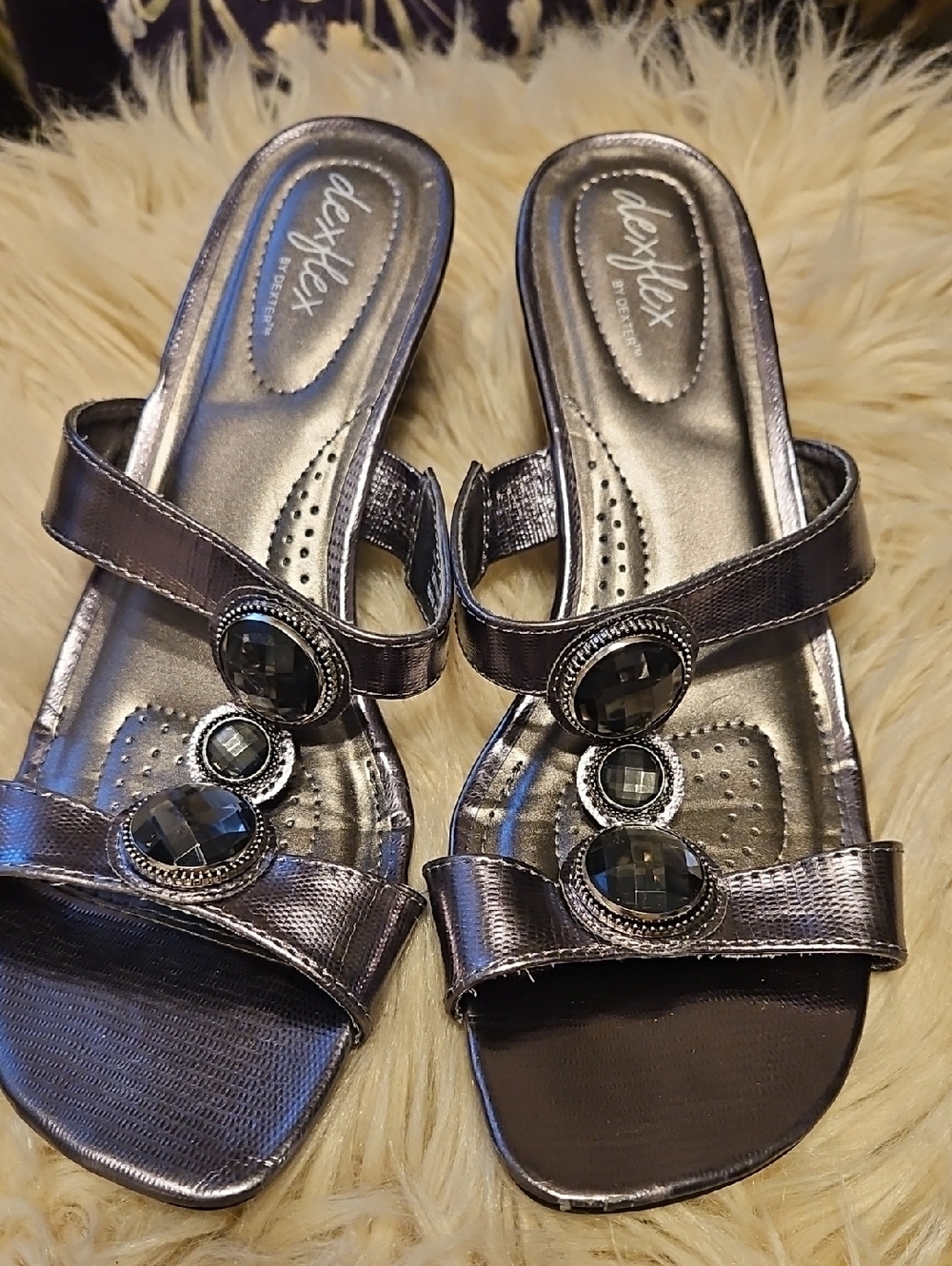 dexflex comfort Metallic Charcoal Jeweled Slide Mules